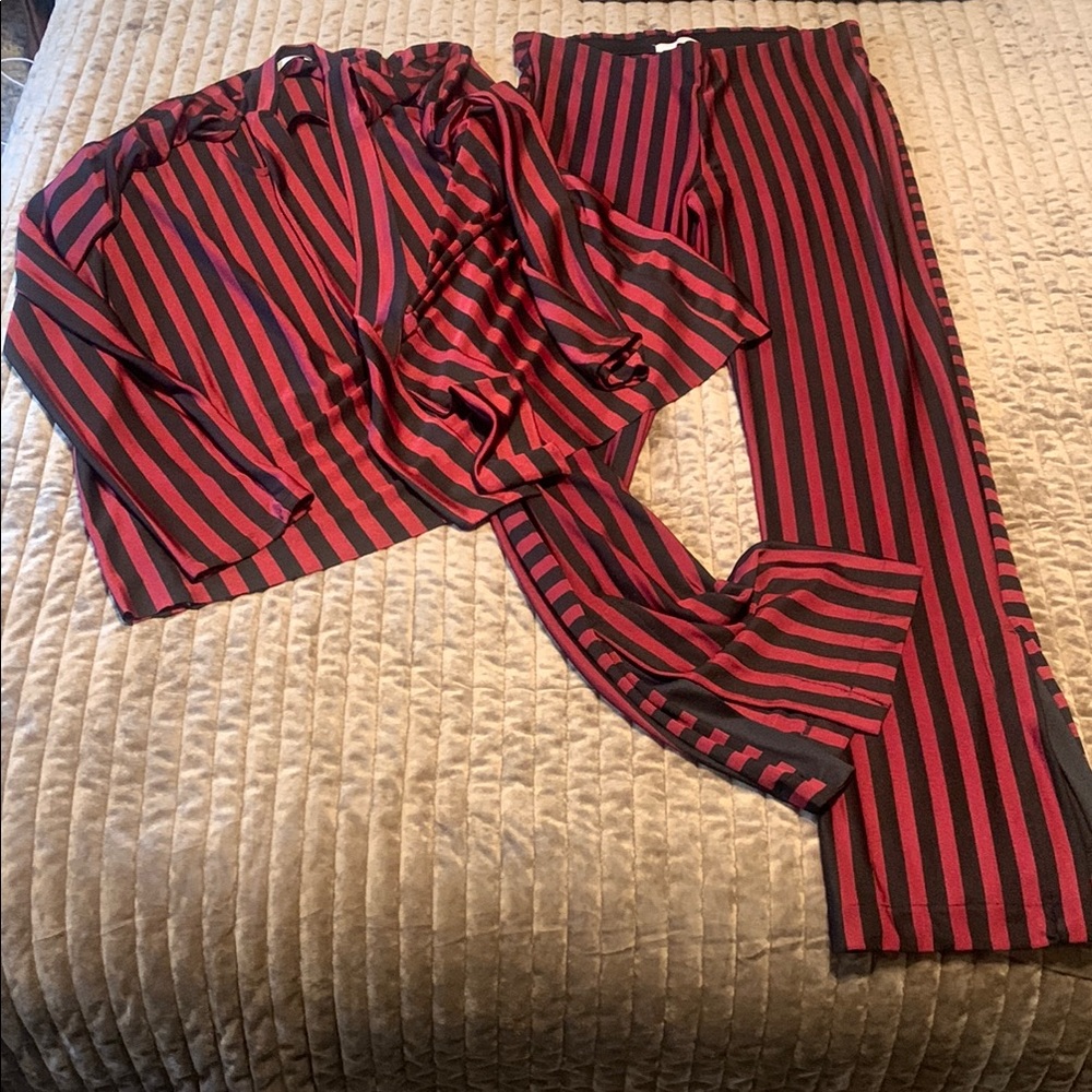 Red and Black Striped Pant Set